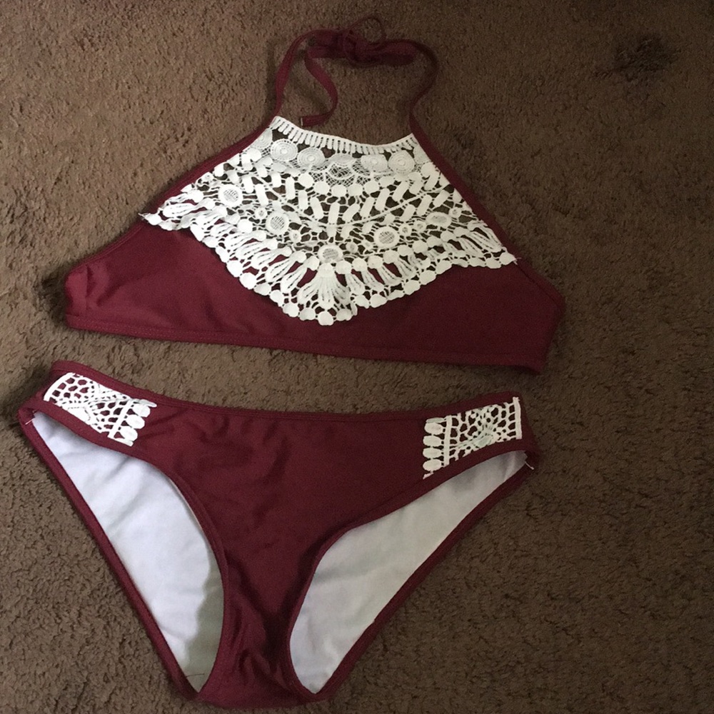 Maroon and white bikini
